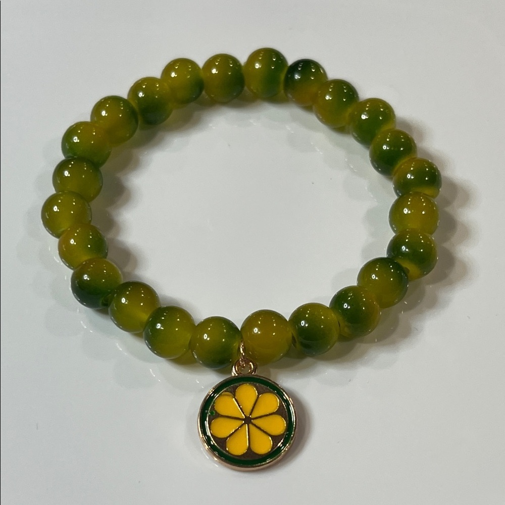 Green and Yellow Beaded Bracelet with Lime Slice Charm